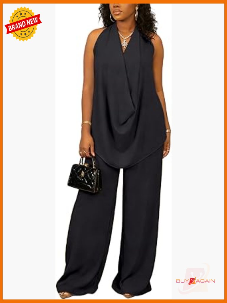Women's 2 Piece Outfit - Halter Top & Wide Leg Pants Set Sleeveless Summer
